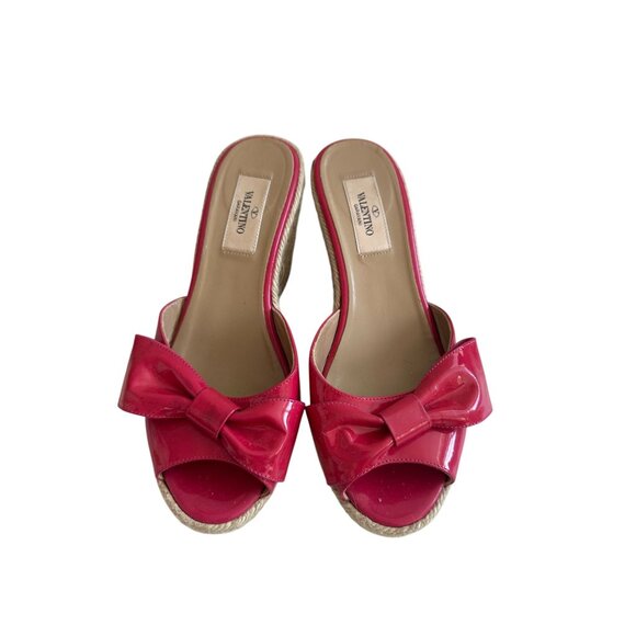 VALENTINO Pink Bow Patent Leather Espadrille Wedges Sandals Size 37.5 - Picture 8 of 10